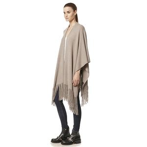 360 cashmere fringe knit neutral sweater cardigan cape shawl